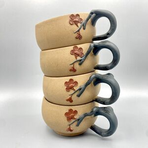 SET of 4 Stoneware Cups Japanese Tea Matcha Votive Candle Holders Cherry Flowers